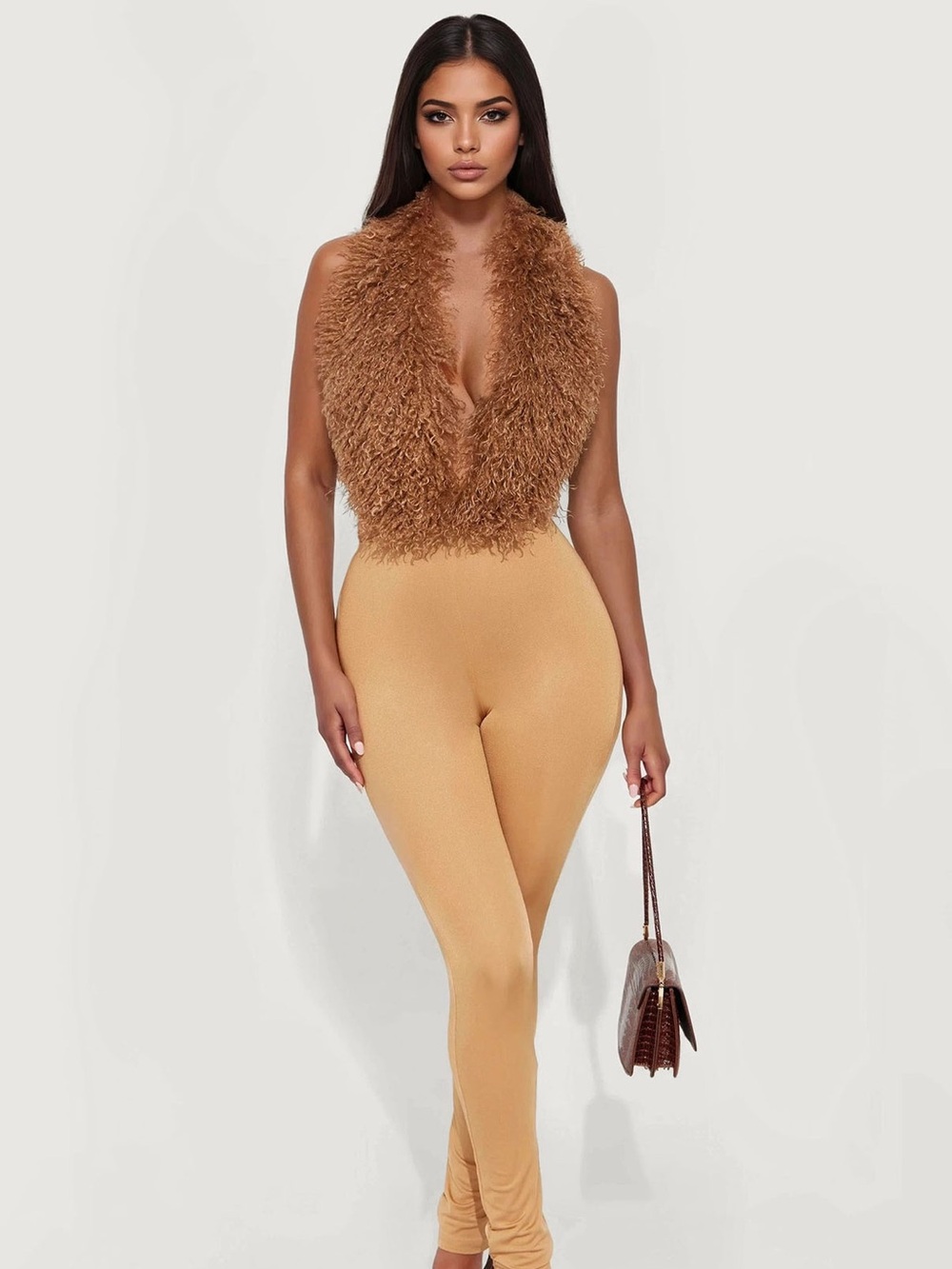 Fashion Nova Faux Fur Plunge Jumpsuit in Camel
